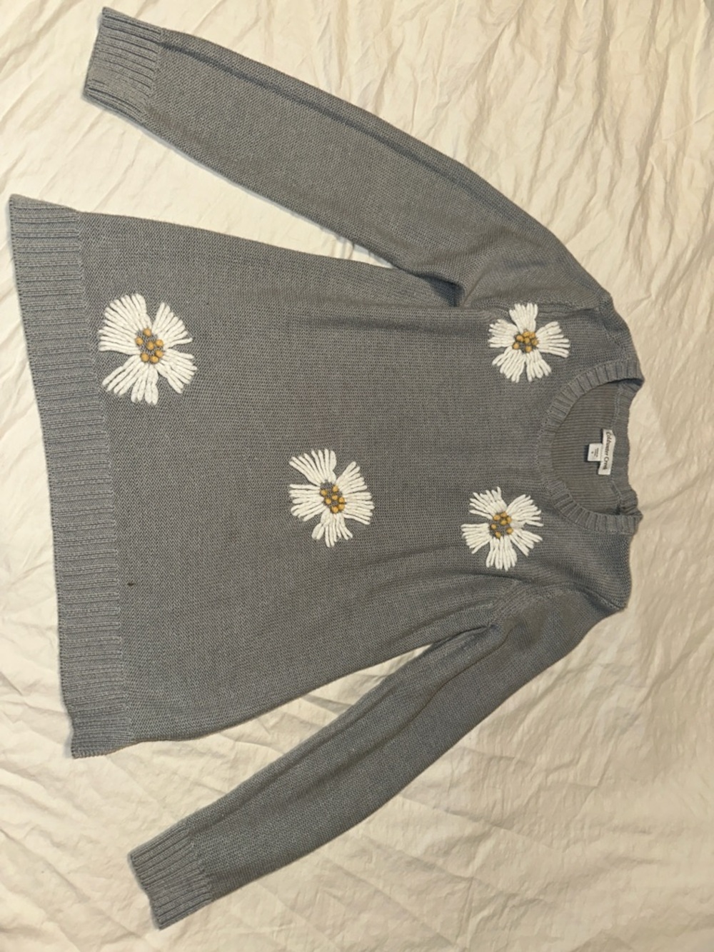 Coldwater Creek Gray Crewneck Sweater with White Daisy Appliqués